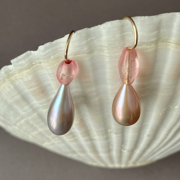 pink african glass and long drop pearl earrings