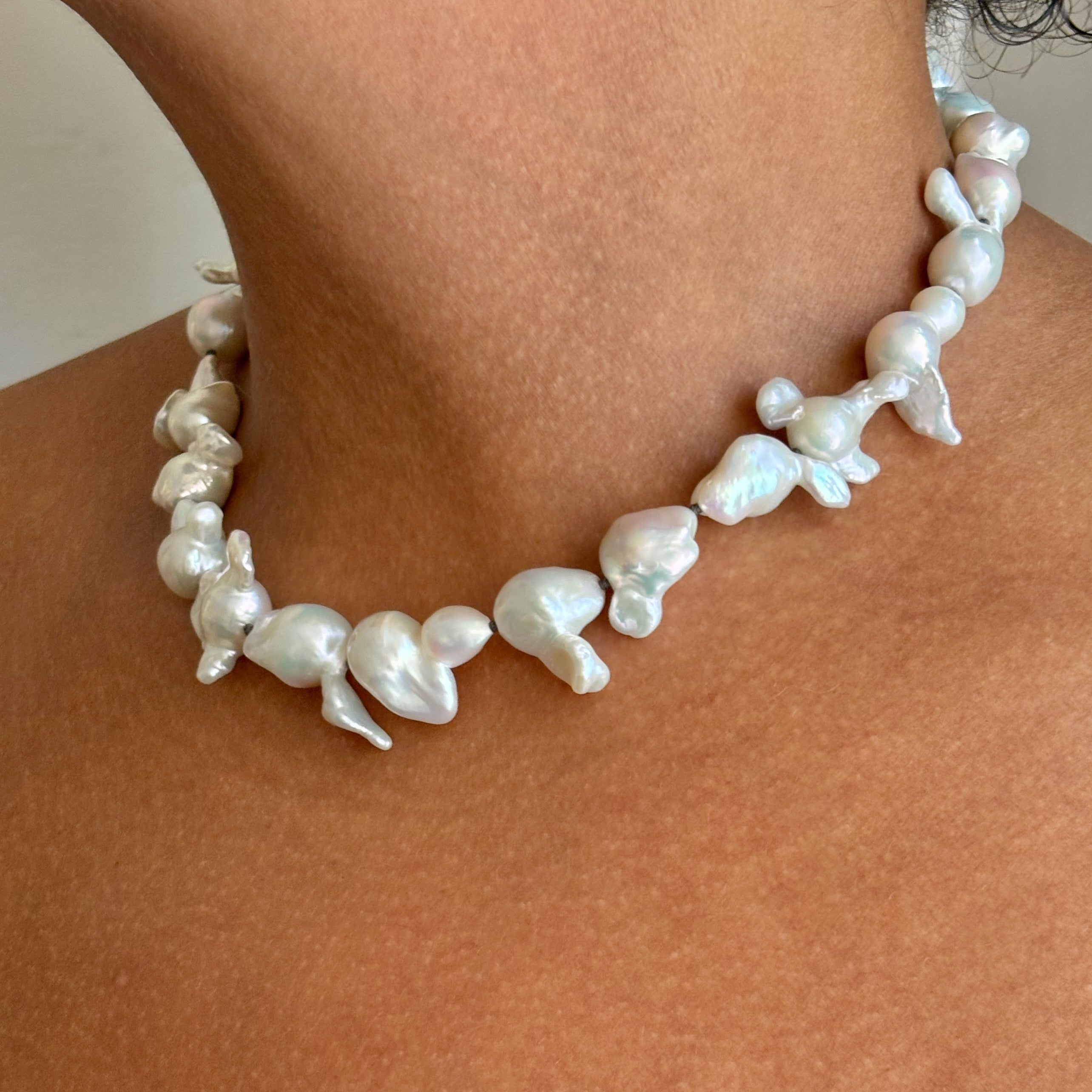 funky white freshwater pearls on dark grey knots– Kojima Pearl