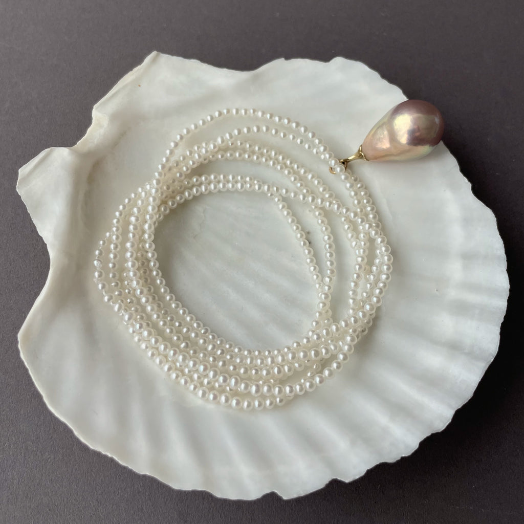 giant metallic luster drop pearl on tiny white pearl long necklace