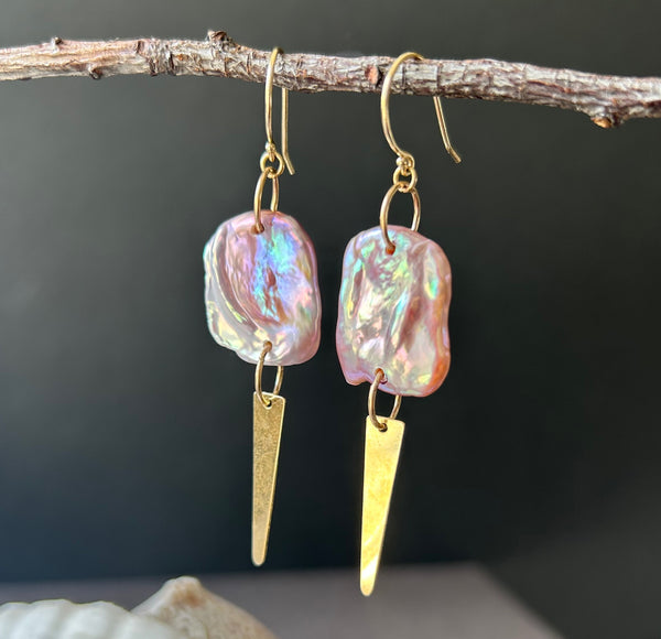 PINK AND MAUVE FRESHWATER KESHI AND GOLD DAGGER EARRINGS IN 14K GOLD