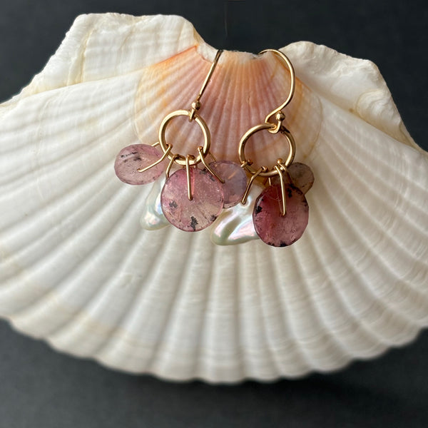 SPOTTED PINK TOURMALINE WHEELS WITH PALE PINK PEARL "PEEK A BOO" EARRINGS