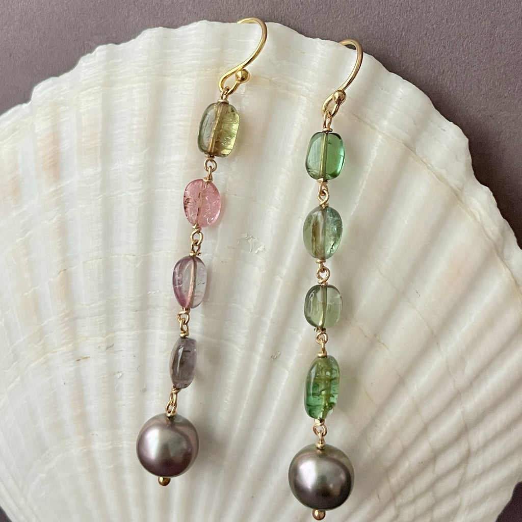 pleasant medley of vintage Tourmaline beads and Tahitian pearl earrings