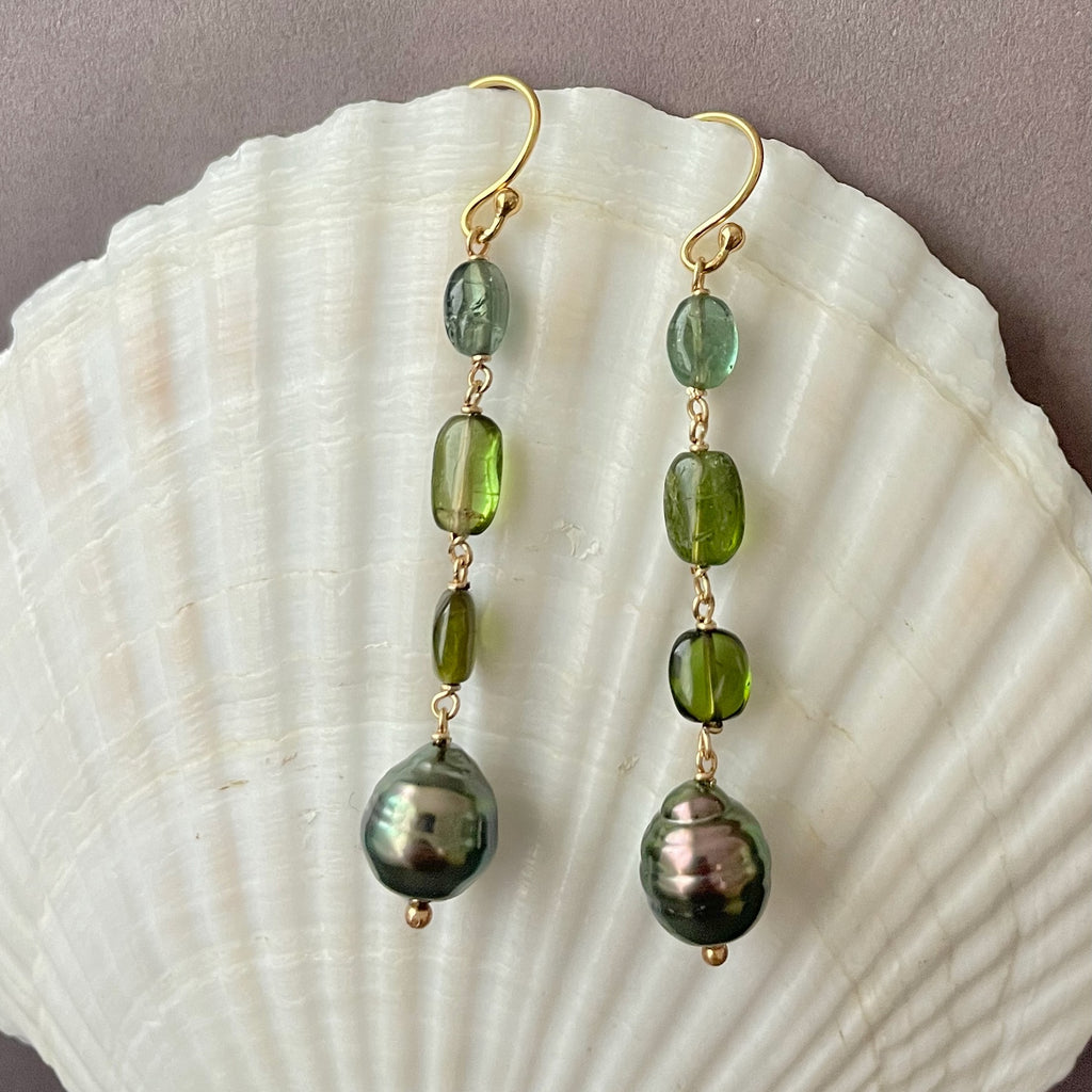 deep green tourmaline and peacock Tahitian pearl earrings