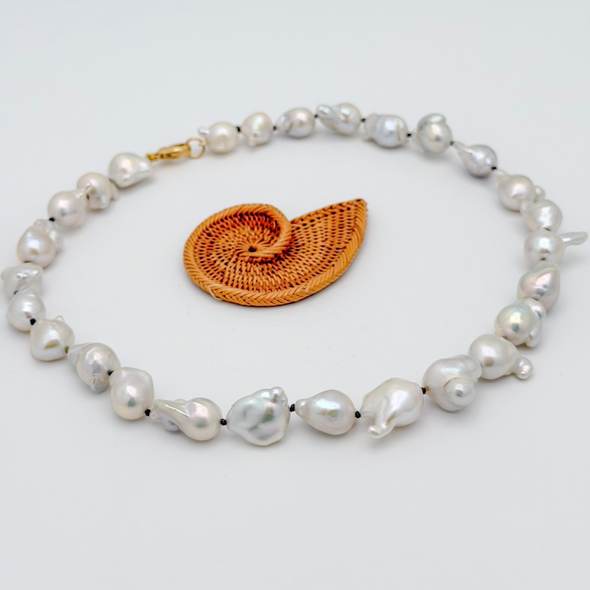 funky white freshwater pearls on dark grey knots– Kojima Pearl