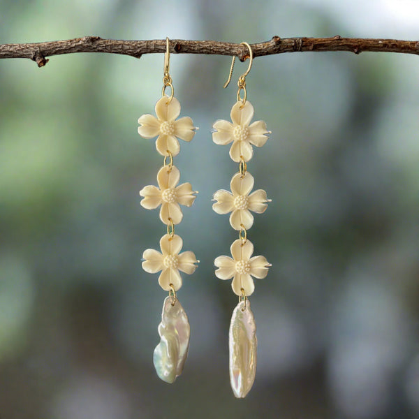 Dogwood bone carving earrings with metallic luster keshi pearls