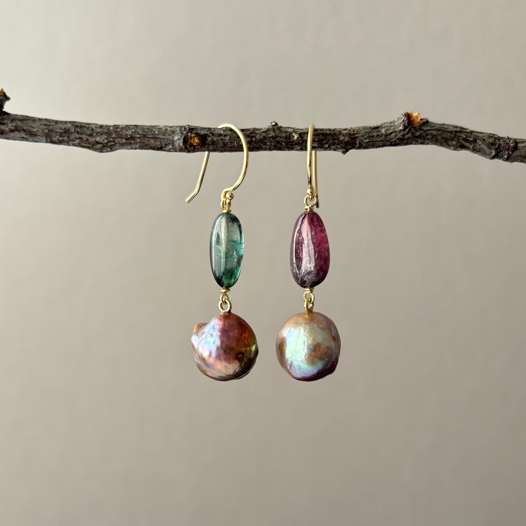 two tone tourmaline and Japan Kasumi pearl earrings