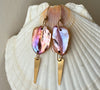 FEATHERWEIGHT PINK AND MAUVE FRESHWATER KESHI AND GOLD DAGGER EARRINGS IN 14K GOLD