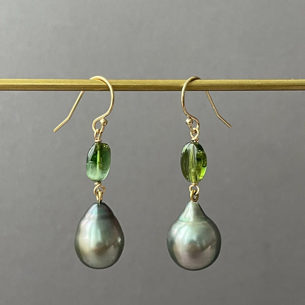 Tahitian peacock drop pearls and green tourmaline earrings