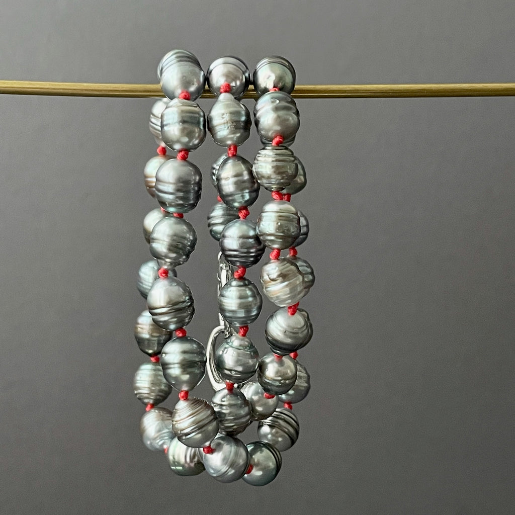 TINY SILVER TAHITIAN PEARLS ON RED KNOTS NECKLACE