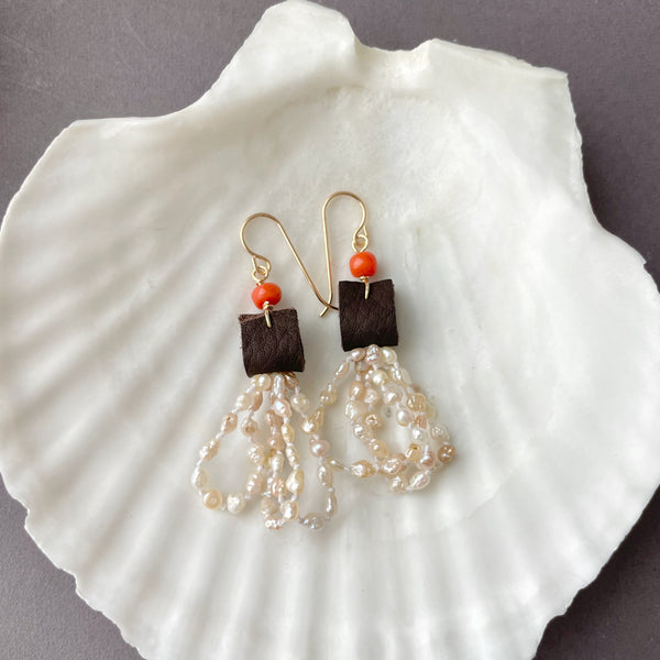 LEATHER AND CORAL PEARL HOOPED DANGLE EARRINGS