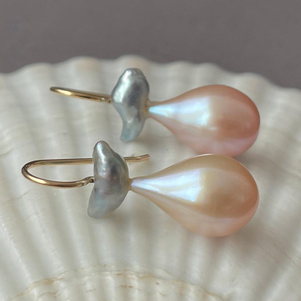 akoya keshi and pink drop pearl earrings