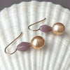lavender glass and metallic apricot pearl earrings