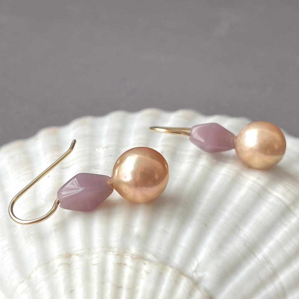 lavender glass and metallic apricot pearl earrings