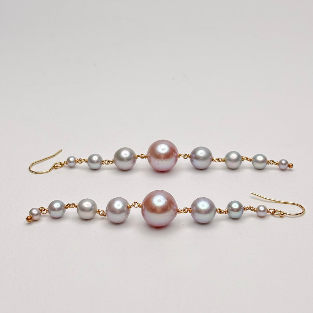 4" long earrings with silver and pink pearls 
