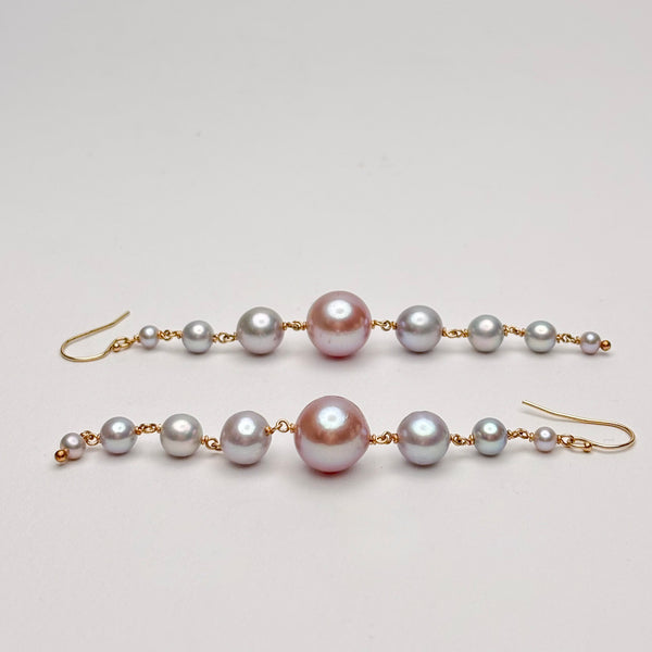 4" long earrings with silver and pink pearls 
