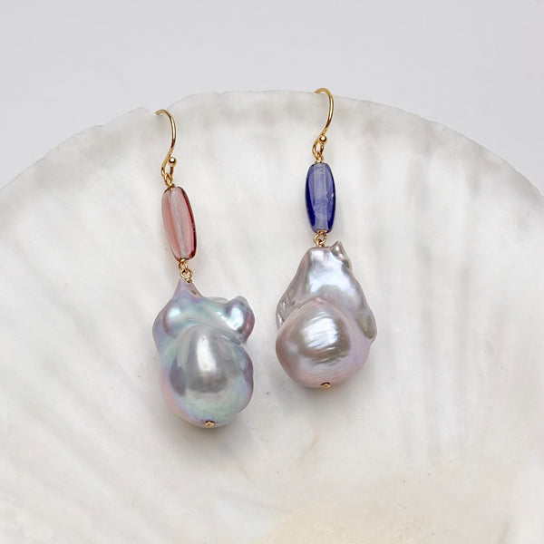 two tone purple glass with giant silver baroque pearl earrings