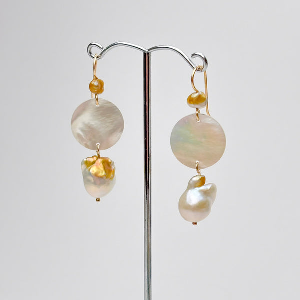 mother of pearl discs and fresh water pearls with golden areas by kojima pearl