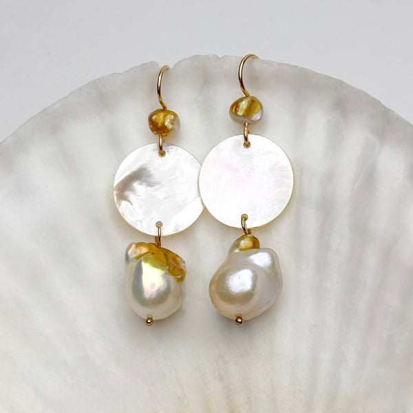 mother of pearl discs and fresh water pearls with golden areas by kojima pearl