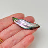 A woman's hand holding a 2" long natural abalone pearl with a light grey background.
