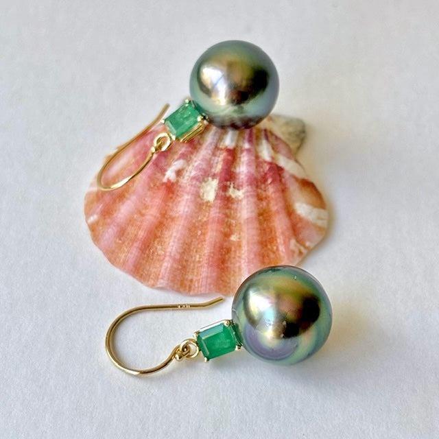 Tahitian Pearl Earrings // Natural Peacock Green // Pink Tourmaline x high quality Peridot Gem Cluster // 14K Gold-filled // Spring Theme