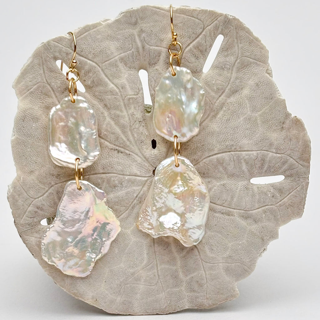 two large petal pearls on gold fill long dangle earrings 