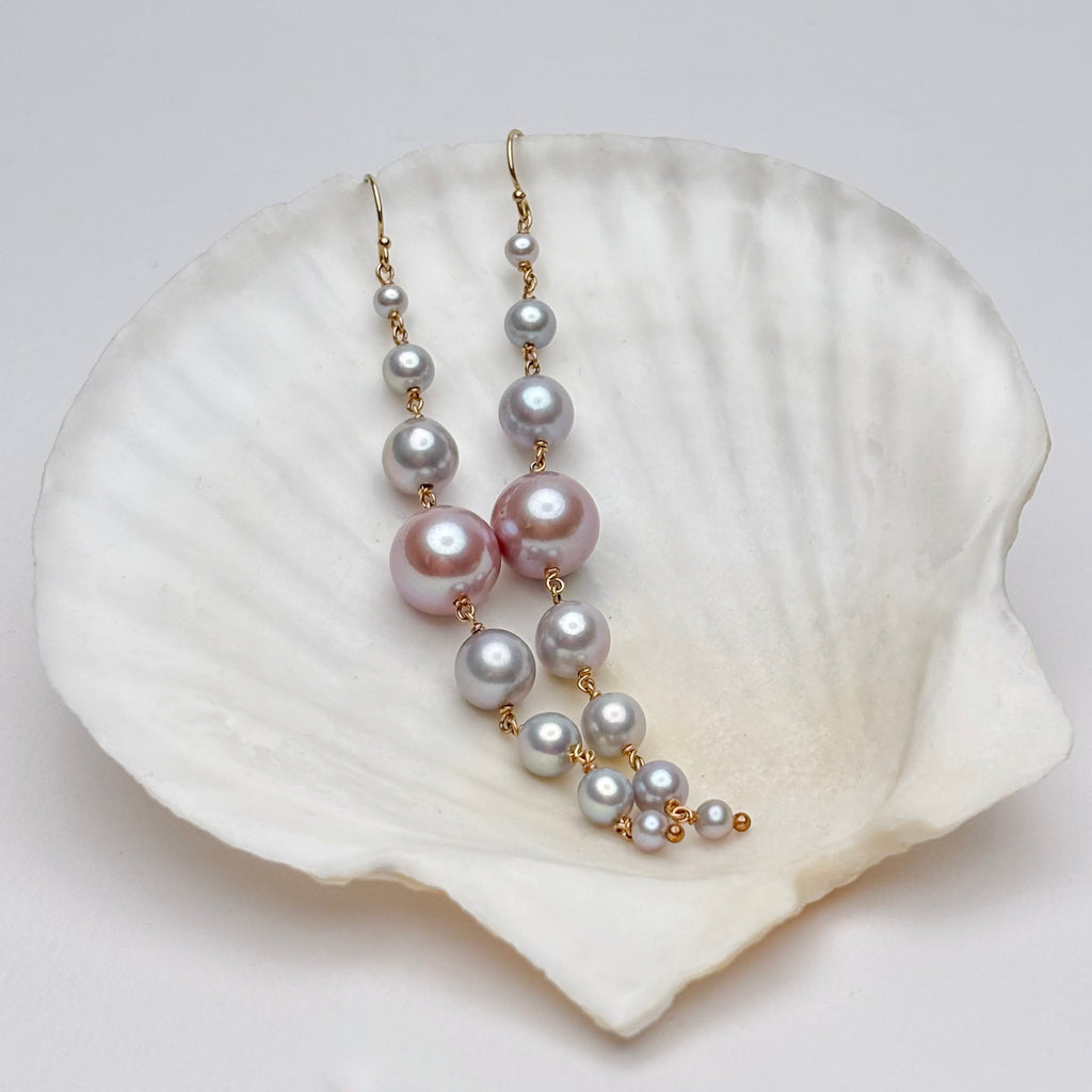 long silver and pink pearl cascade earrings