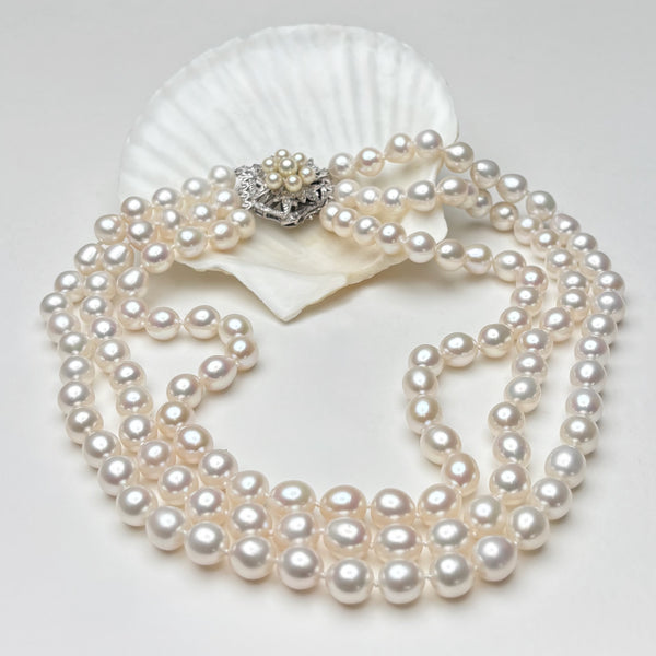 Pearl necklace with a vintage white gold clasp on a white shell against a light gray background