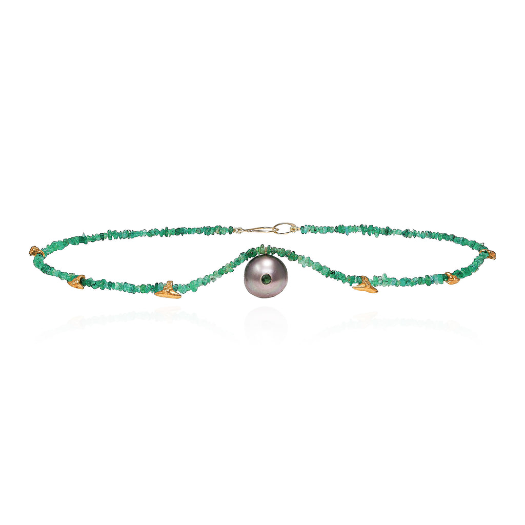 emeralds and Tahitian pearl necklace with gold vermeil tails