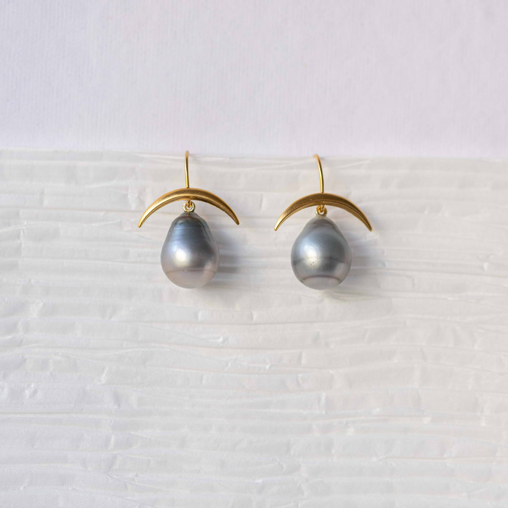 Crescent Moon Silver Drop Tahitian Pearl Earrings