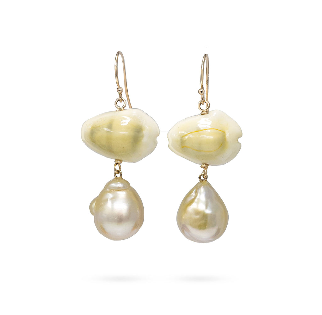 Summer Fun Golden South Sea Baroque pearl earrings with Yellow Cowry Shells