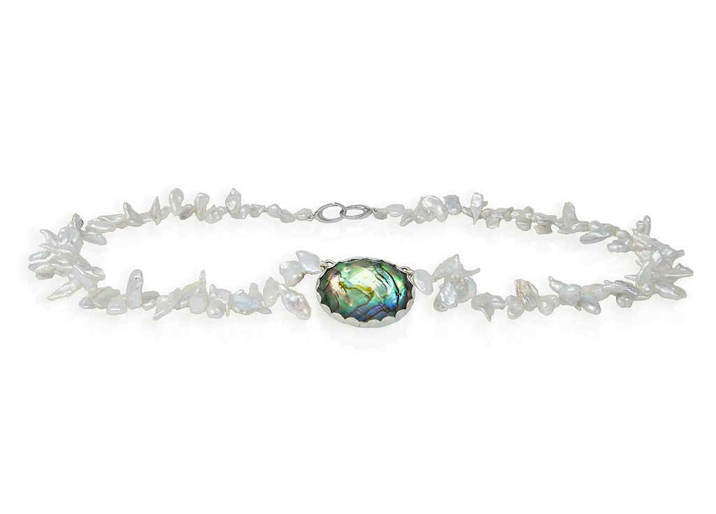 Chinese freshwater keshi and abalone with quartz necklace