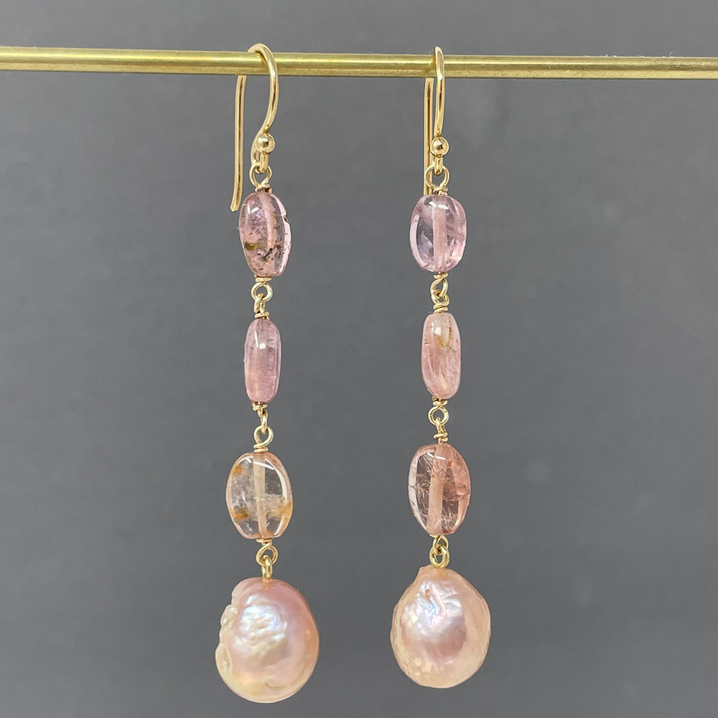 long peach earrings with Japan Kasumi pearls