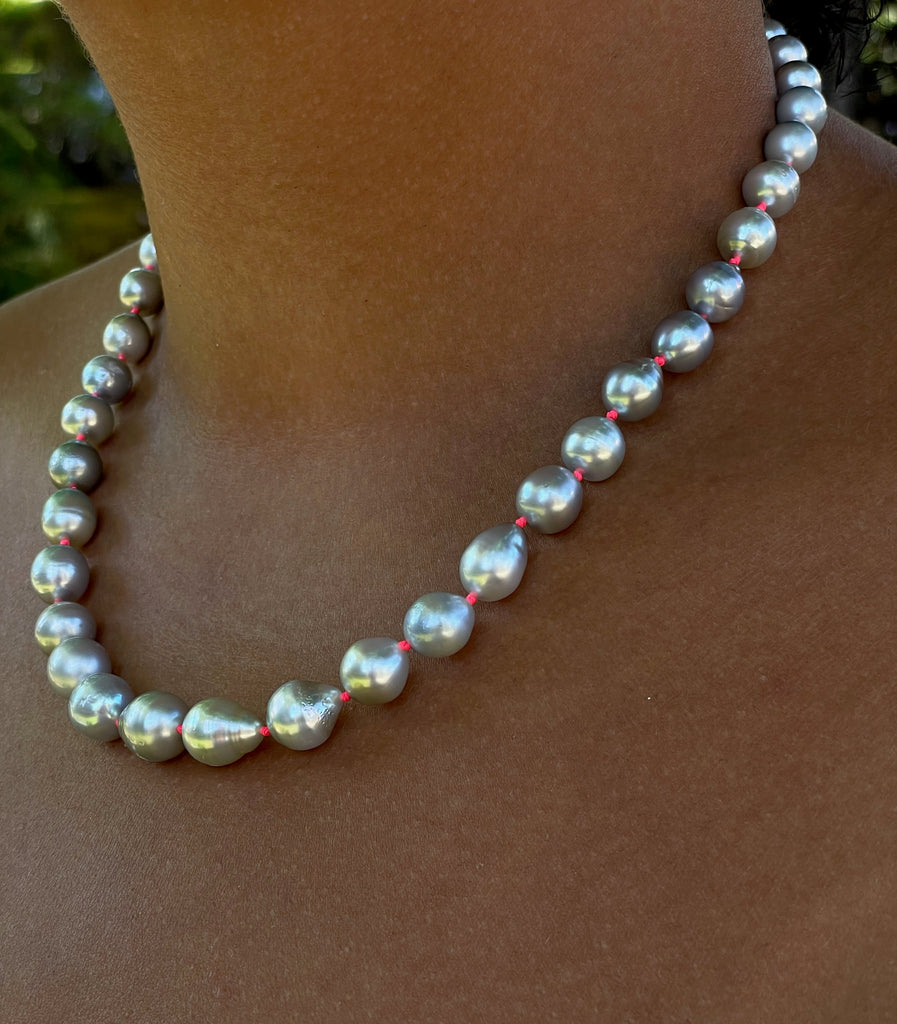 silver Tahitian pearls on neon knots
