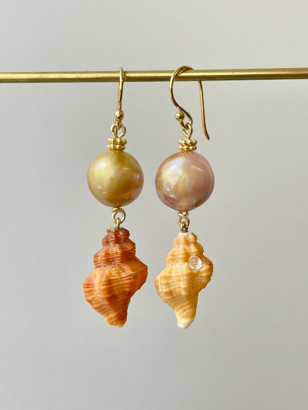 two tone Japan Kasumi golden pearl and shell earrings