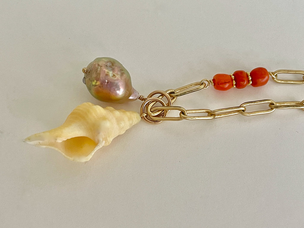 tiny mighty seashell, chain, coral and Japan Kasumi pearl necklace #3