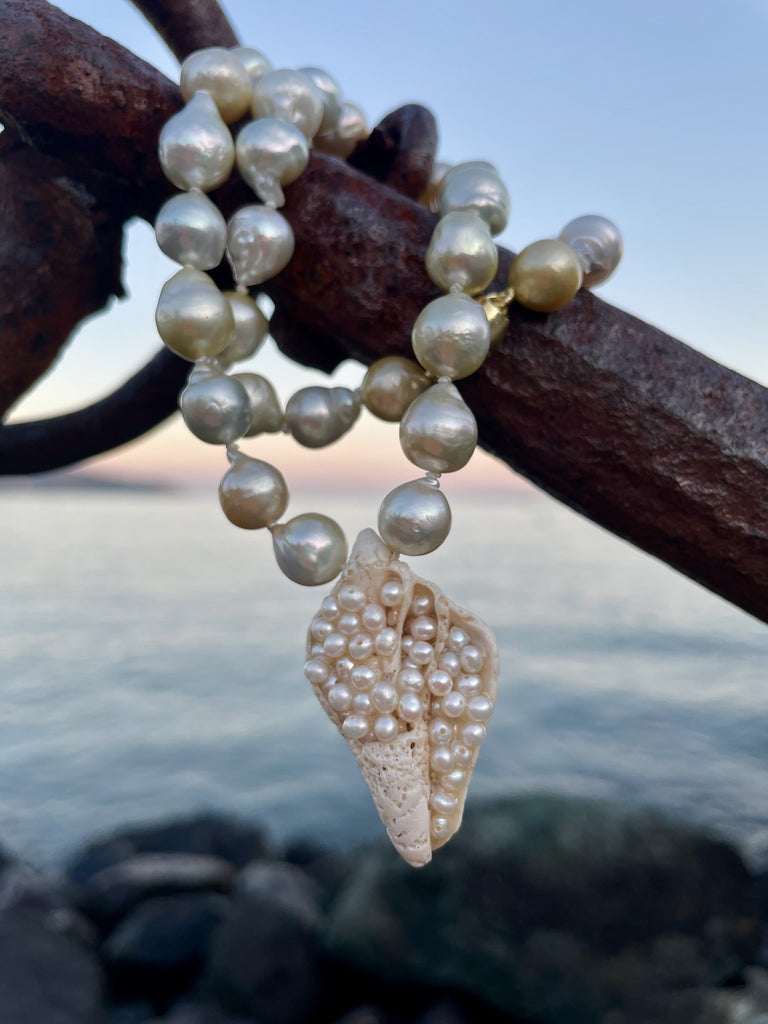 all white textural shell and pearl necklace