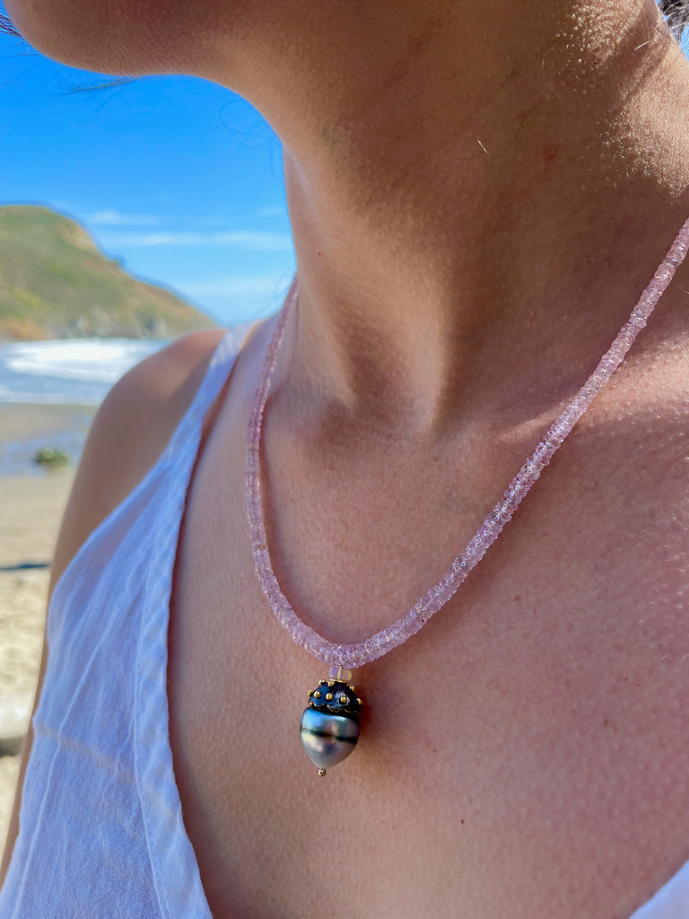 fairy pink sapphires and silver Tahitian pearl necklace