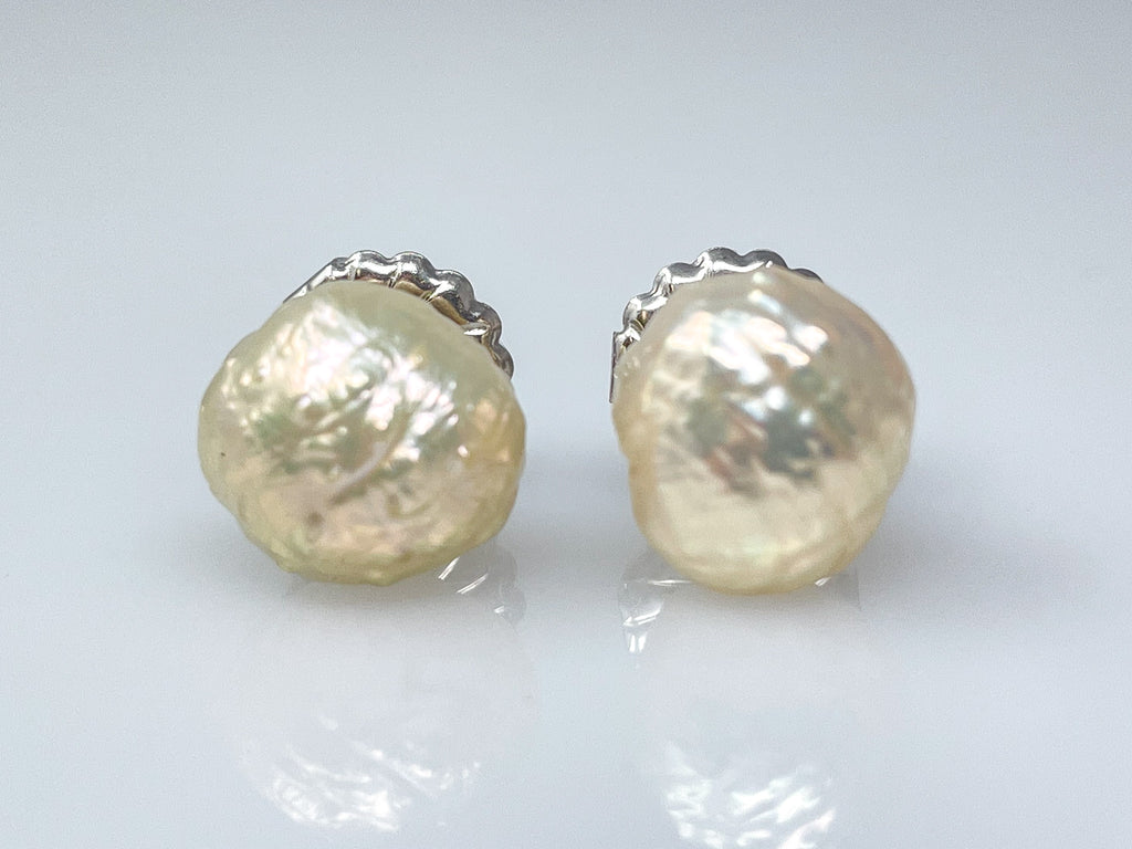 metallic rosebud pearl stud earrings