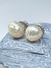 metallic rosebud pearl stud earrings