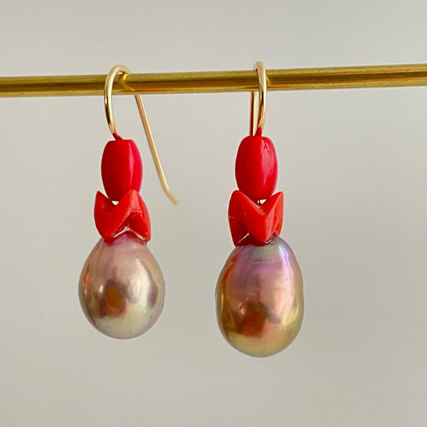 funky fun red glass bead and metallic luster pearl earrings