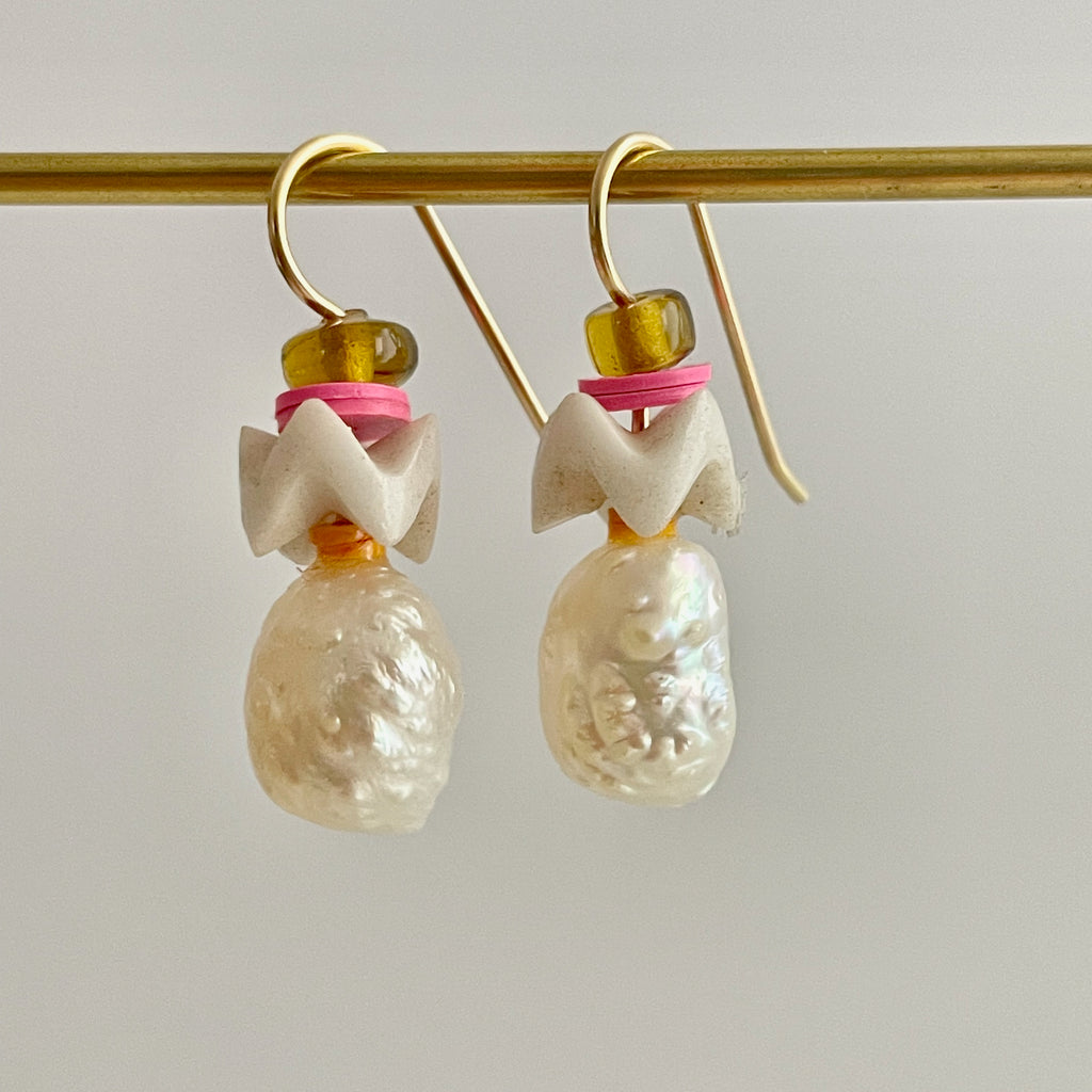 white cheerful rosebud pearl funky fun earrings