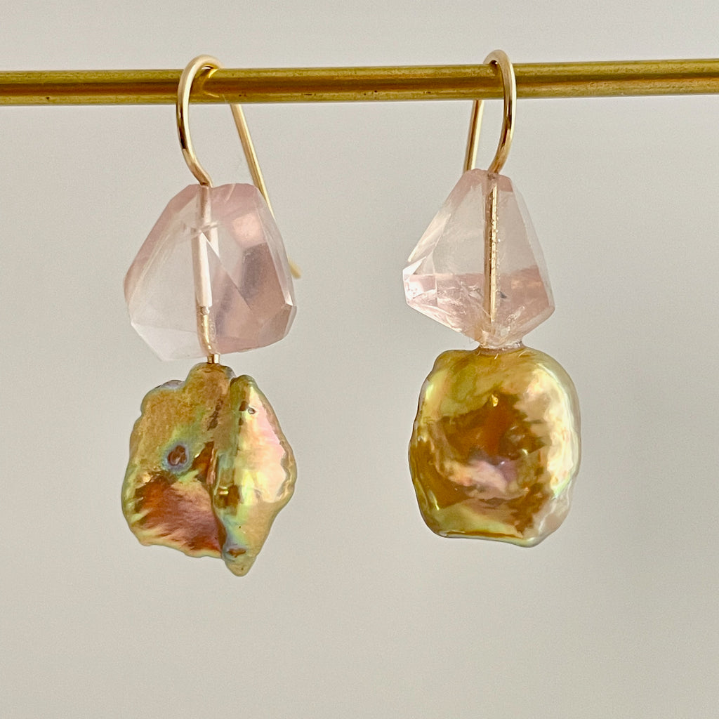 metallic luster keshi and rose quartz funky fun earrings