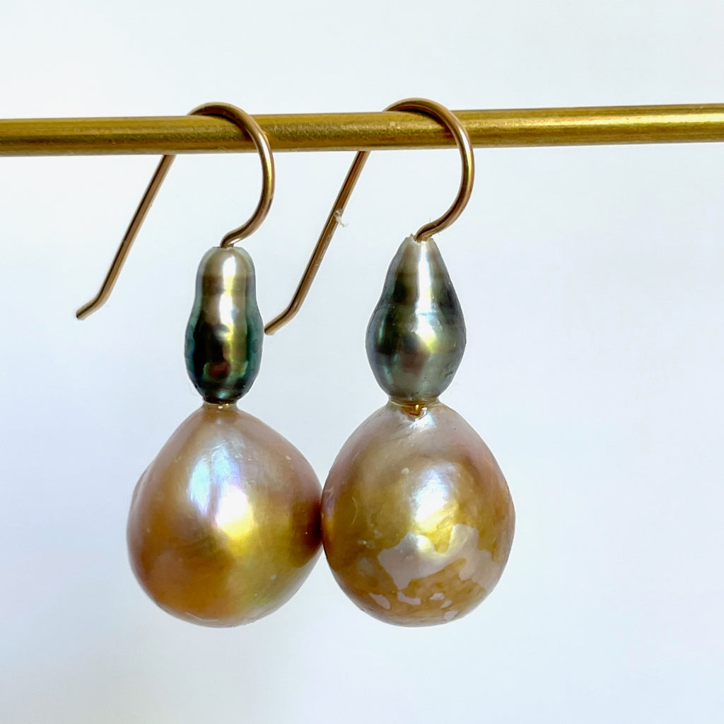 funky fun Tahitian and golden pondslime pearl earrings