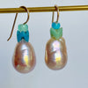 funky fun metallic pearl drops with blue glass beads earrings