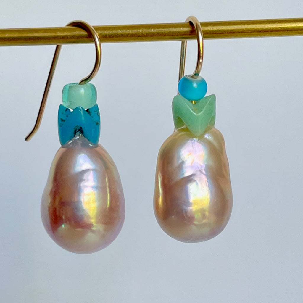 funky fun metallic pearl drops with blue glass beads earrings