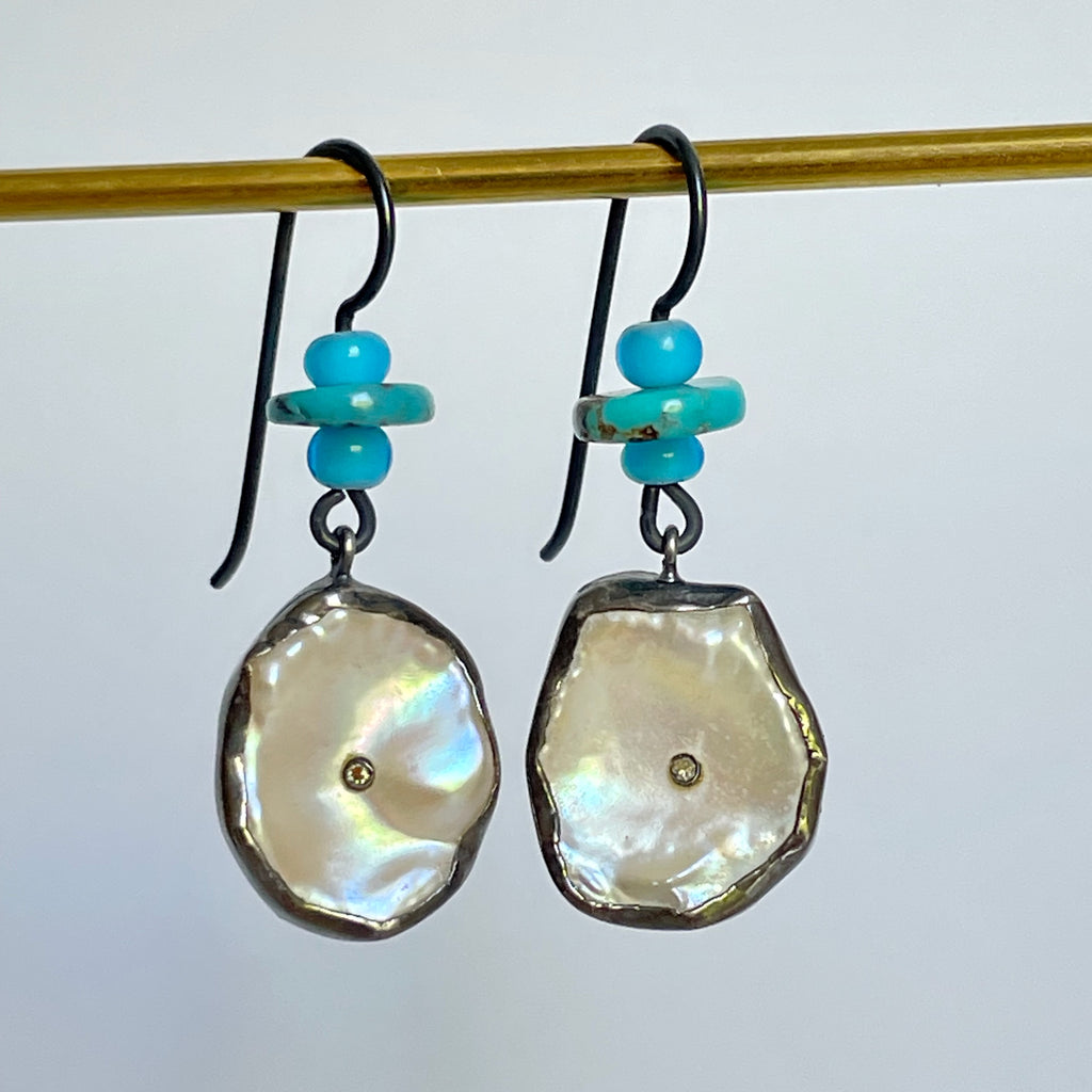 turquoise and oxidized silver petal pearl earrings