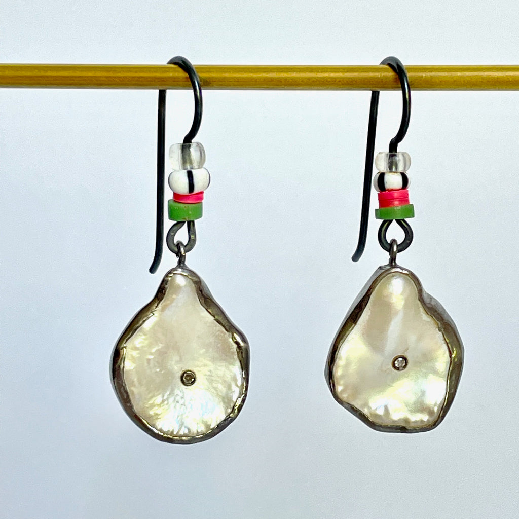 playful oxidized silver mixed glass bead and pearl earrings