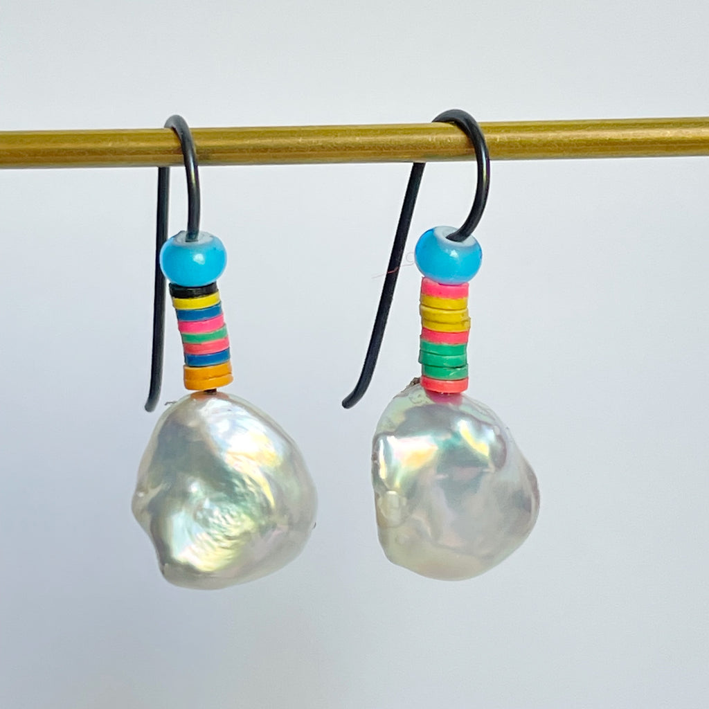 short and playful metallic keshi pearl earrings