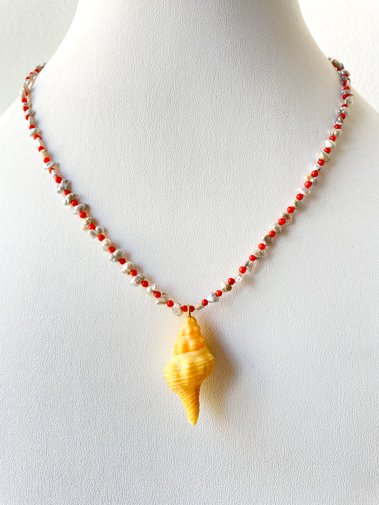 conch shell and coral/ keshi pearl necklace