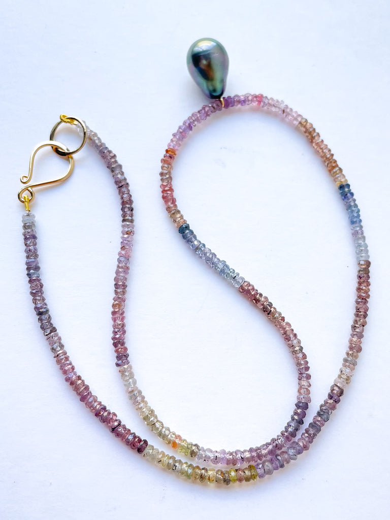 mixed faceted sapphires and Tahitian drop pearl necklace
